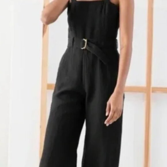 & Other Stories Black Linen Tortoise-Shell Belted Jumpsuit (size 12) - Picture 1 of 6